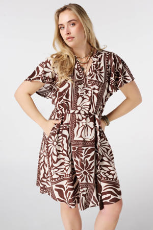 zomerjurk met ceintuur en print Plus Size - bruin
