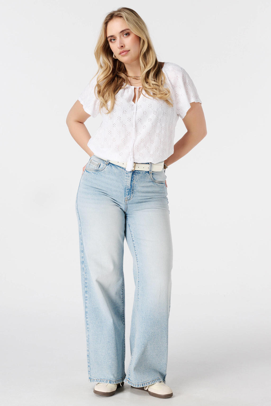 Witte dames MS Mode ballon top Plus Size van gerecycled polyester met effen en korte mouwen
