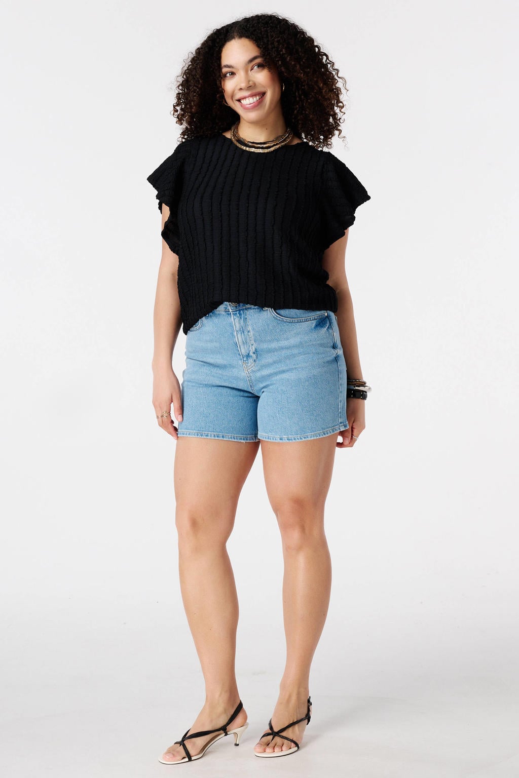 Zwarte dames MS Mode top van polyester met effen, korte mouwen en textuur