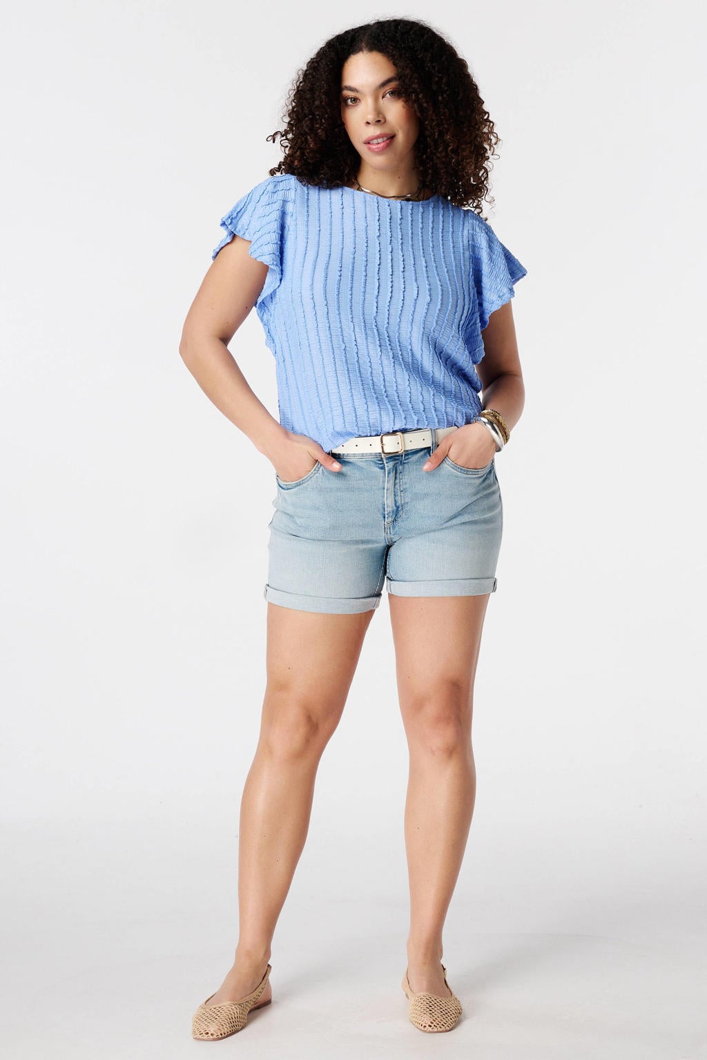 Lichtblauwe dames MS Mode top van polyester met effen, korte mouwen en textuur