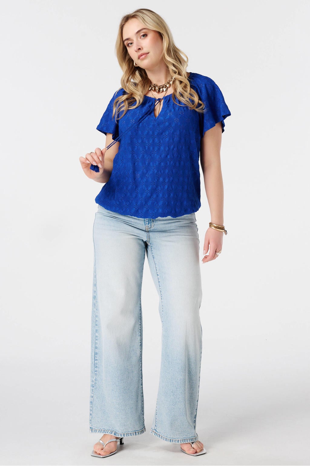 Blauwe dames MS Mode top Plus Size van gerecycled polyester met effen en korte mouwen