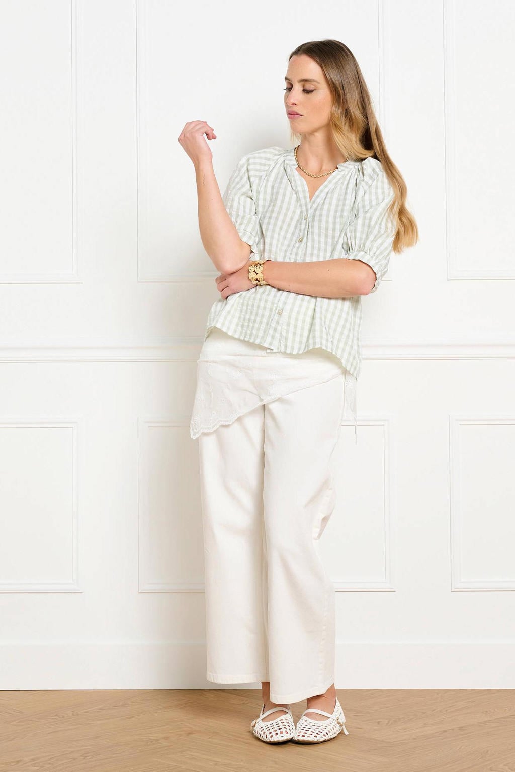 Groen en ecru dames LOLALIZA geruit blouse van polyester met korte mouwen, V-hals en knoopsluiting