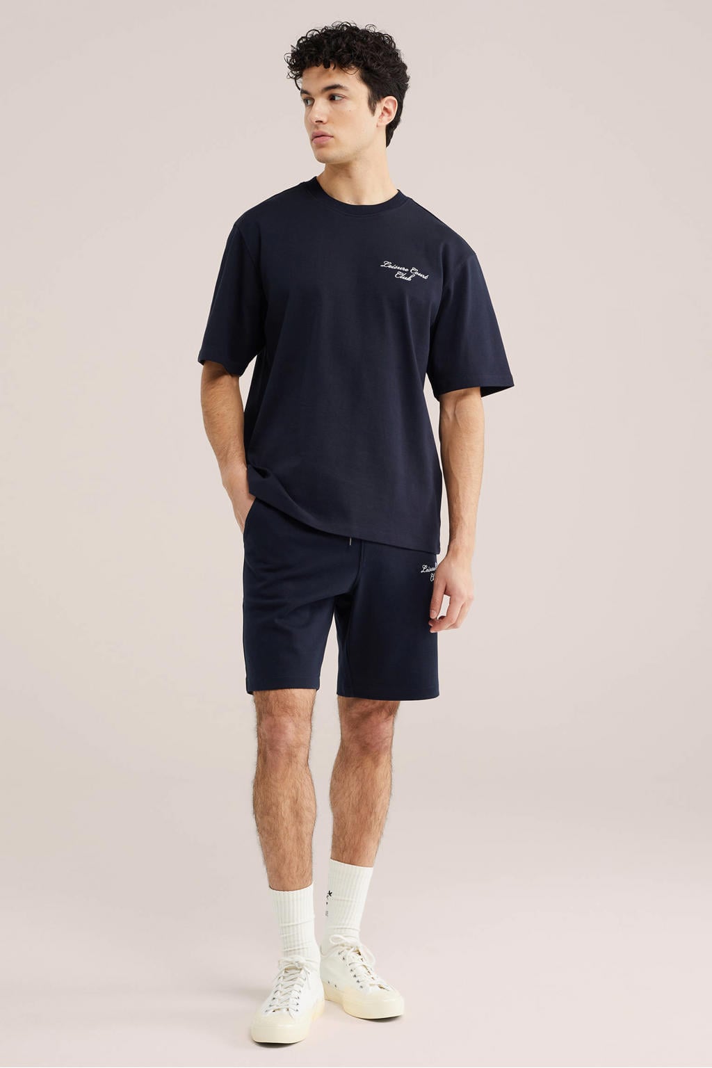 Donkerblauwe heren WE Fashion oversized T-shirt van katoen met backprint, korte mouwen en ronde hals