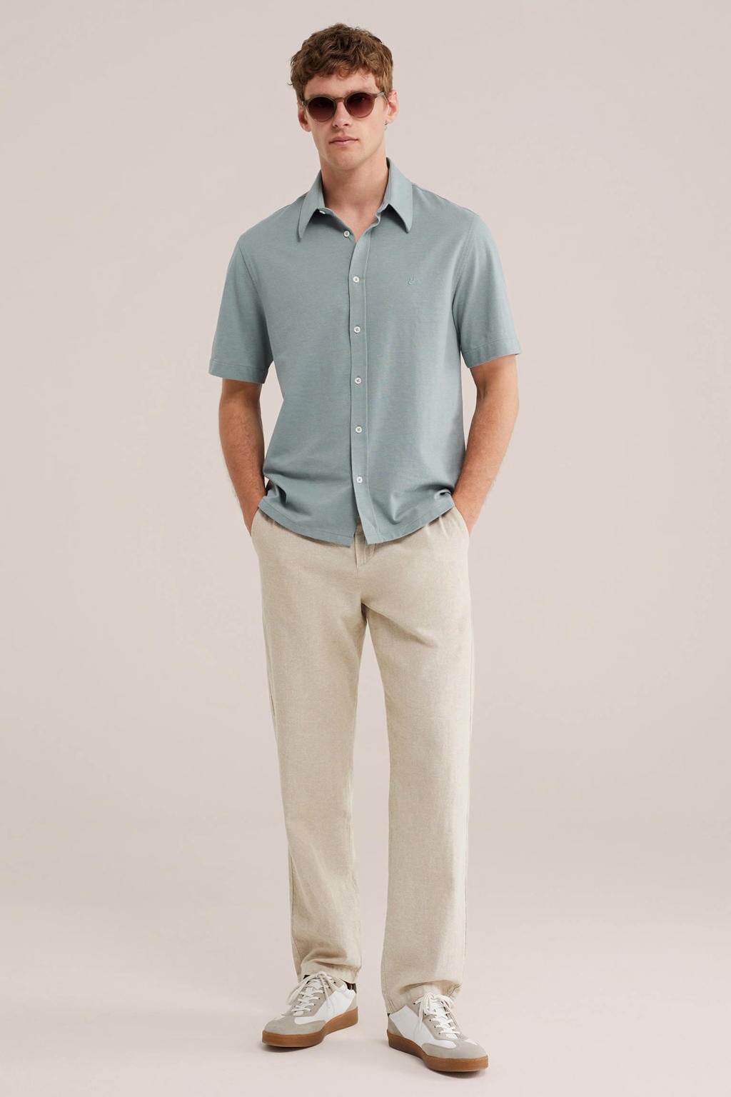 Groene heren WE Fashion regular casual overhemd van katoen met effen, korte mouwen, klassieke kraag en knoopsluiting
