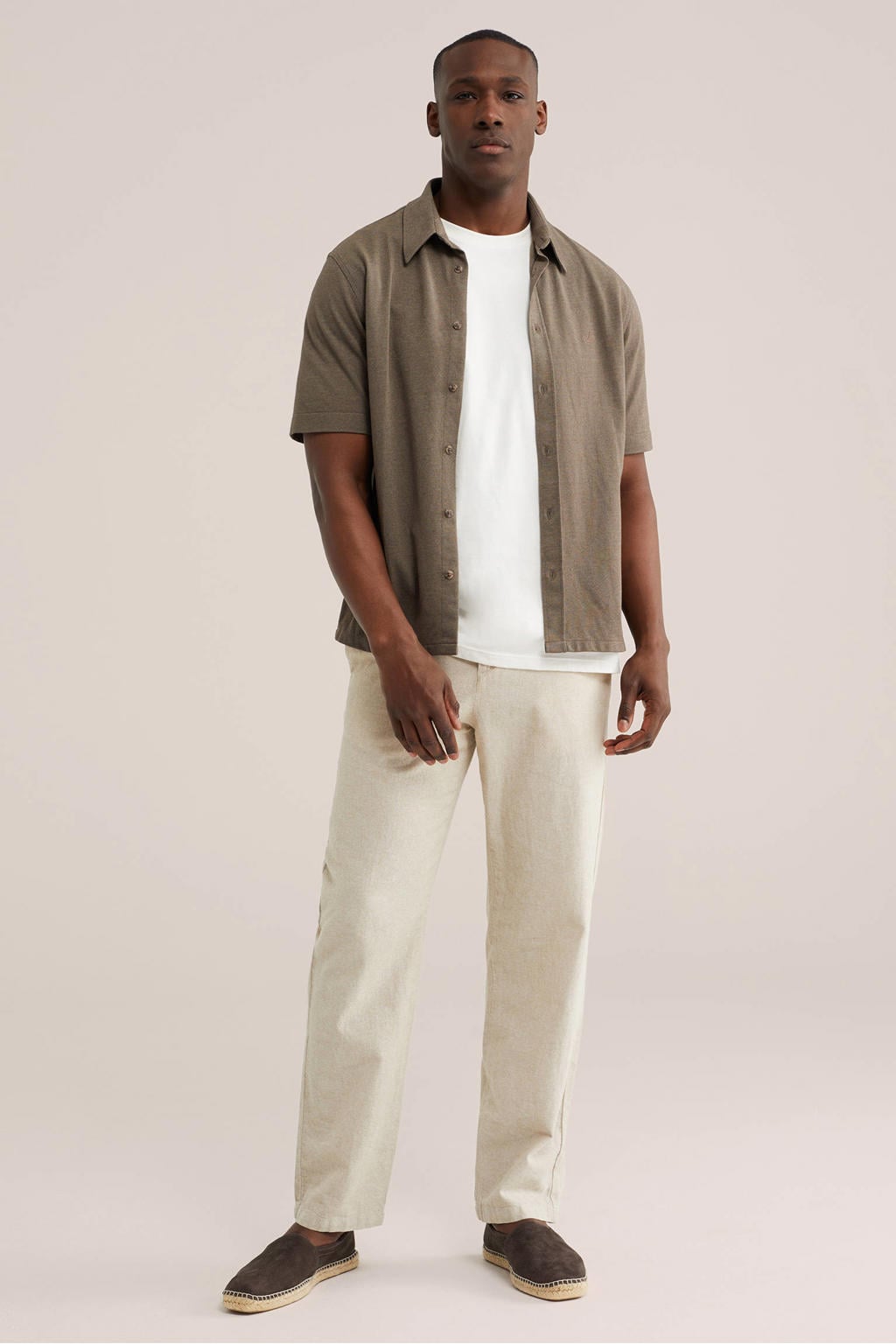 Groene heren WE Fashion regular casual overhemd van katoen met effen, korte mouwen, klassieke kraag en knoopsluiting