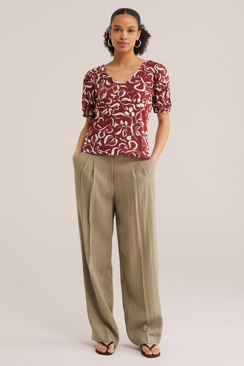 Donkerrood en ecru dames WE Fashion top met korte mouwen en ronde hals