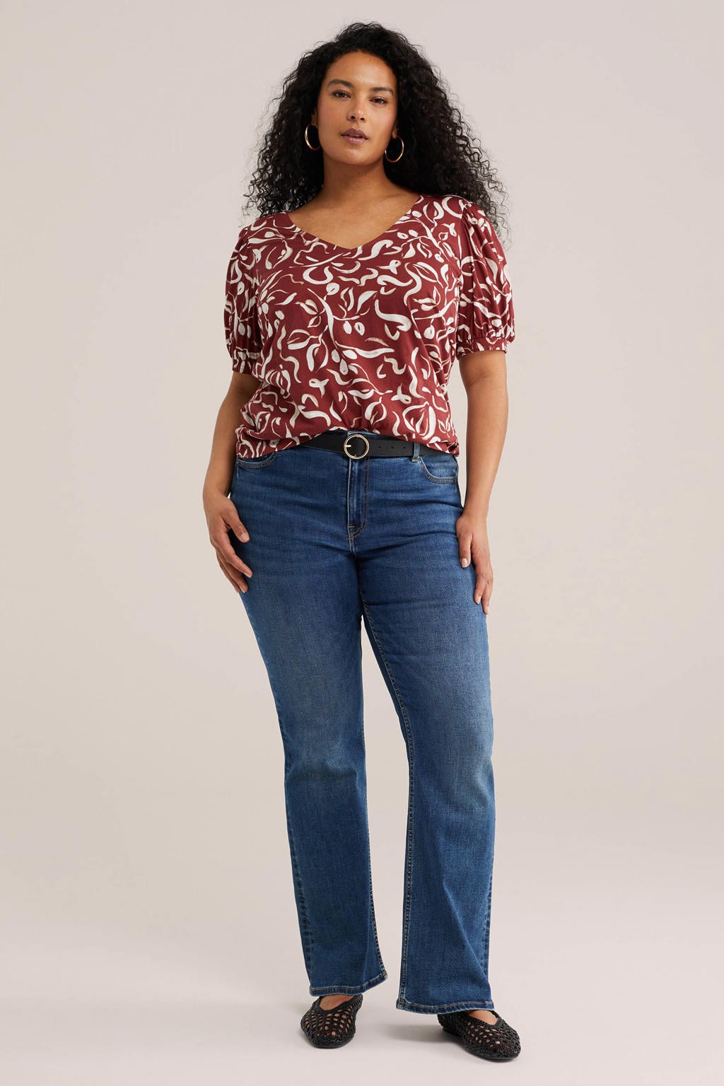 Donkerrood en ecru dames WE Fashion Curve top met driekwart mouwen en ronde hals