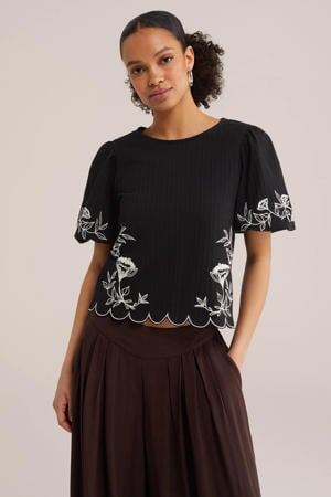 gebloemd T-shirt zwart