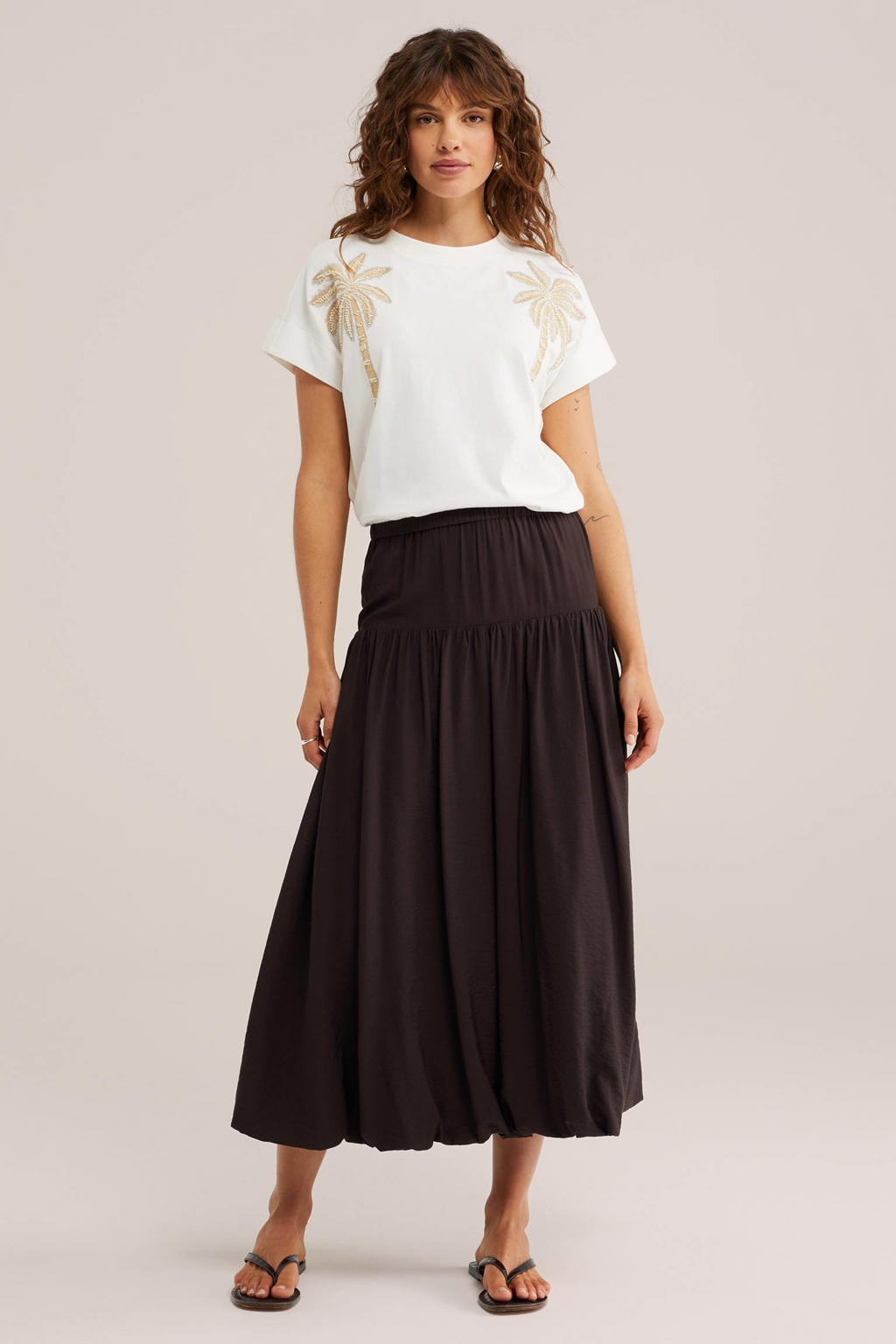 Witte dames WE Fashion T-shirt van katoen met effen, korte mouwen, ronde hals en borduursels