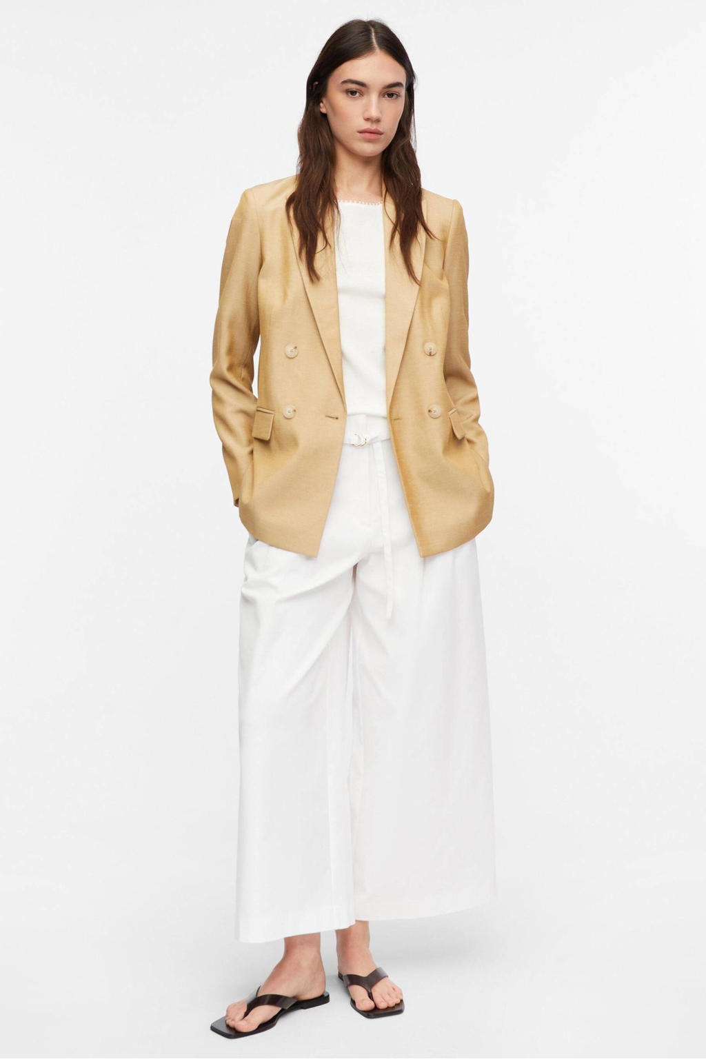 Witte dames comma cropped broek van polyester met high waist, rits- en knoopsluiting en effen