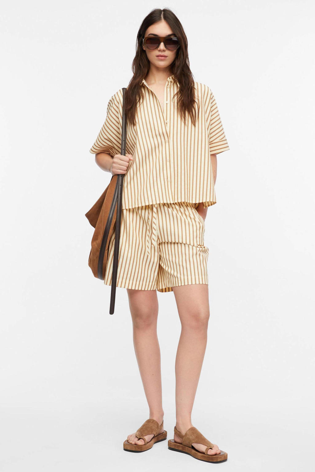 Beige en bruine dames comma gestreepte blouse van polyester met half lange mouwen, klassieke kraag en knoopsluiting