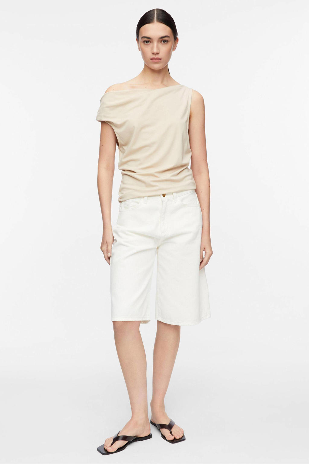 Crème dames comma top crème van viscose met effen, korte mouwen en boothals