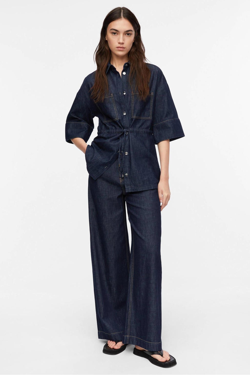 Dark blue denim comma high waist wide leg jeans dark blue van denim met rits- en knoopsluiting en effen