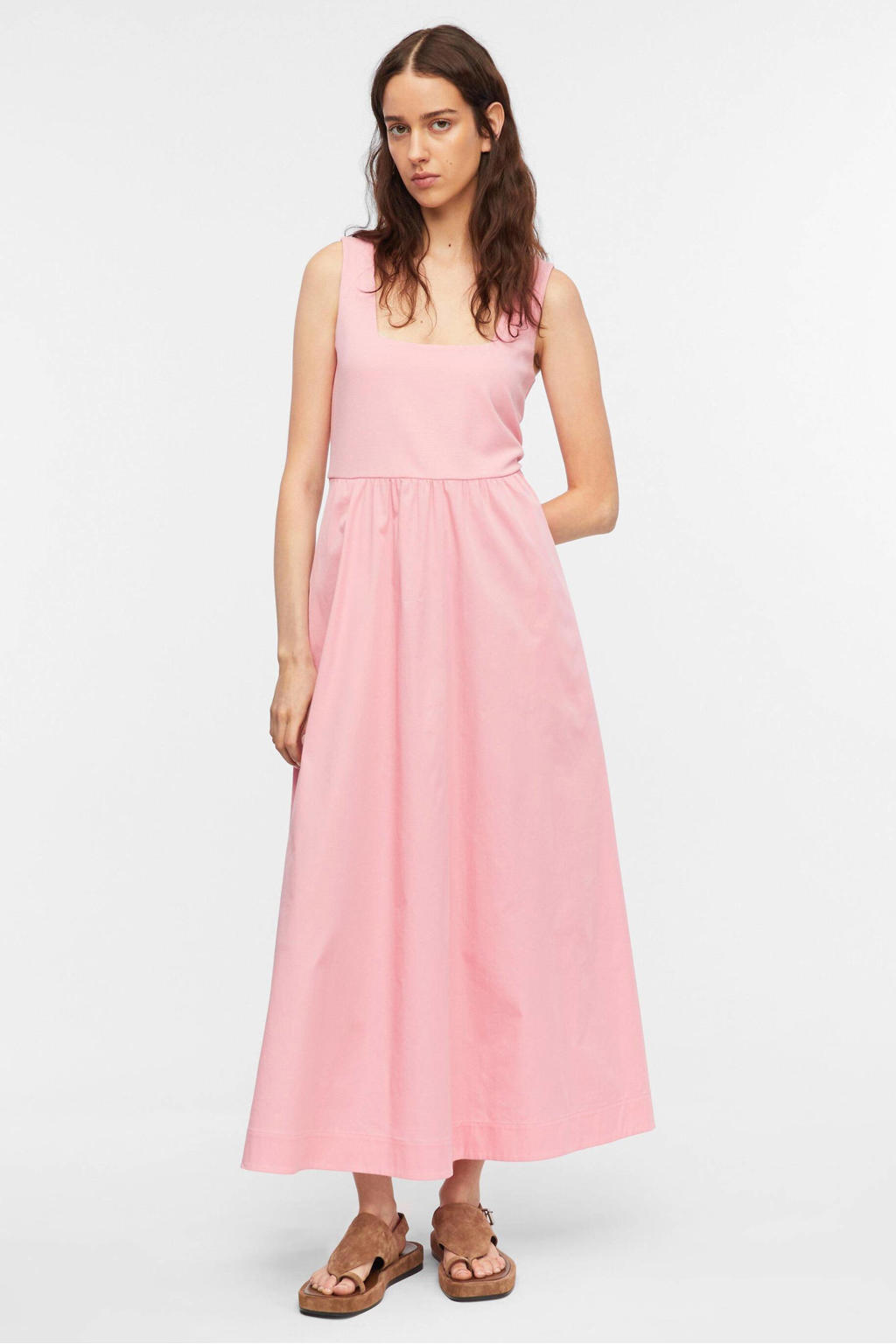 Roze dames comma maxi jurk van katoen met effen en vierkante hals