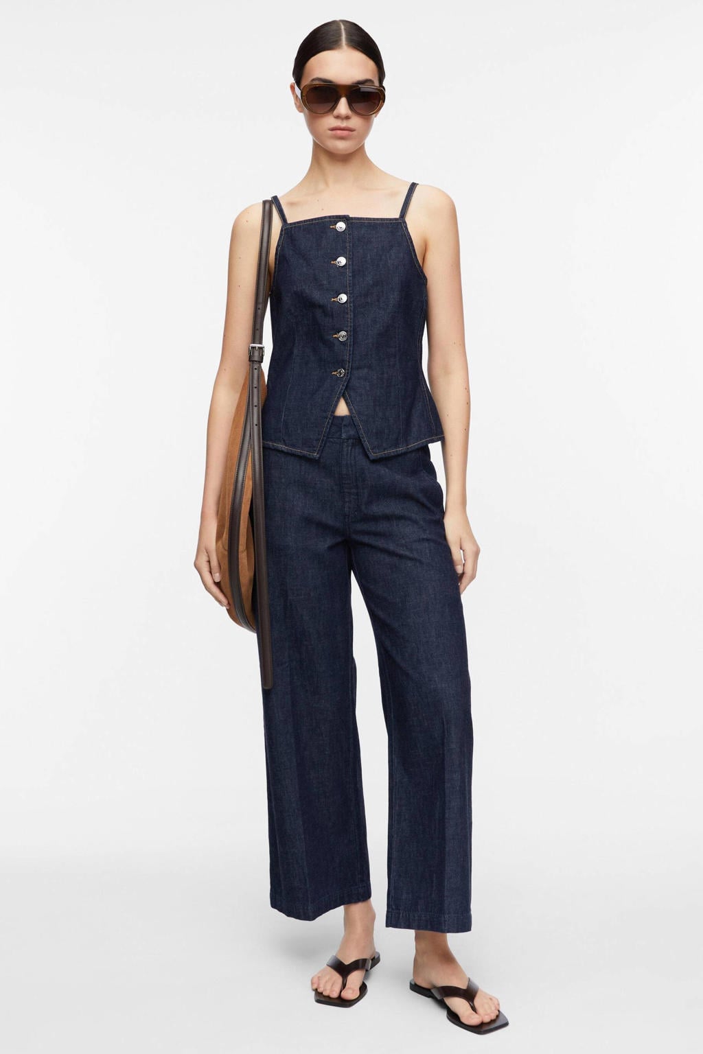 Dark blue denim dames comma top dark blue van denim met effen en vierkante hals