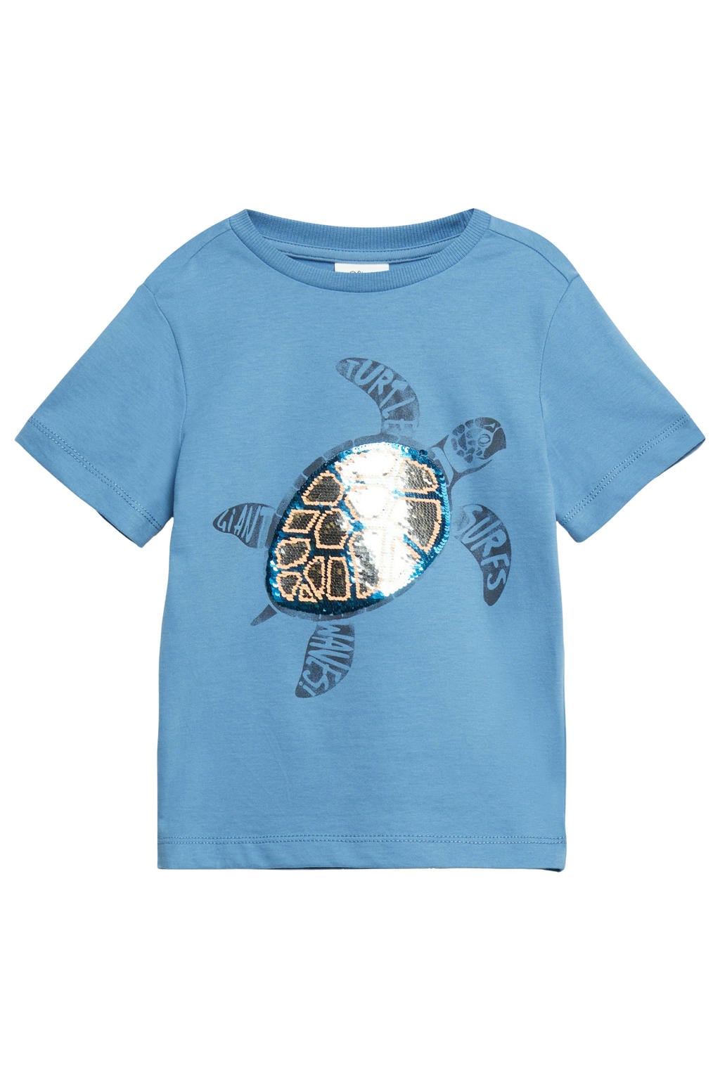 Blauwe jongens s.Oliver T-shirt van katoen met printopdruk, korte mouwen, ronde hals en pailletten