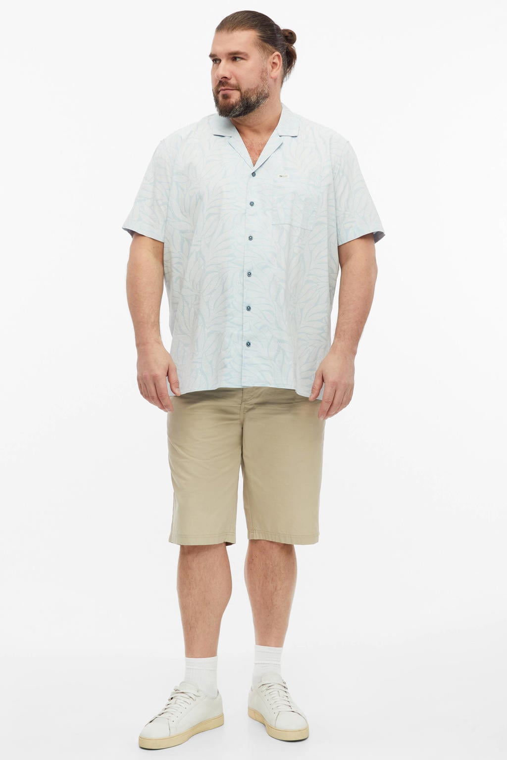 Lichtblauwe heren s.Oliver Big Size viscose regular fit overhemd Plus Size van katoen met bladprint, korte mouwen en reverskraag