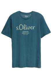 thumbnail: Petrolkleurige heren s.Oliver regular T-shirt van katoen met logo dessin, korte mouwen en ronde hals