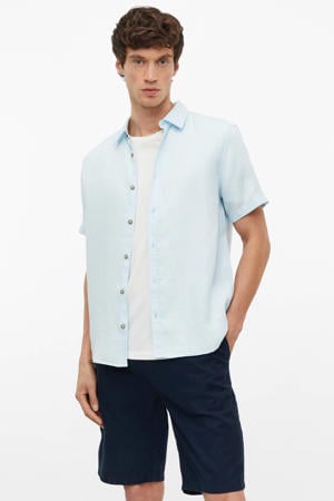 regular casual overhemd met linnen lichtblauw