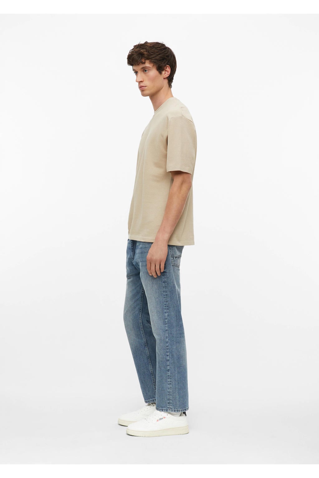 Beige heren s.Oliver regular T-shirt van katoen met effen, korte mouwen en ronde hals