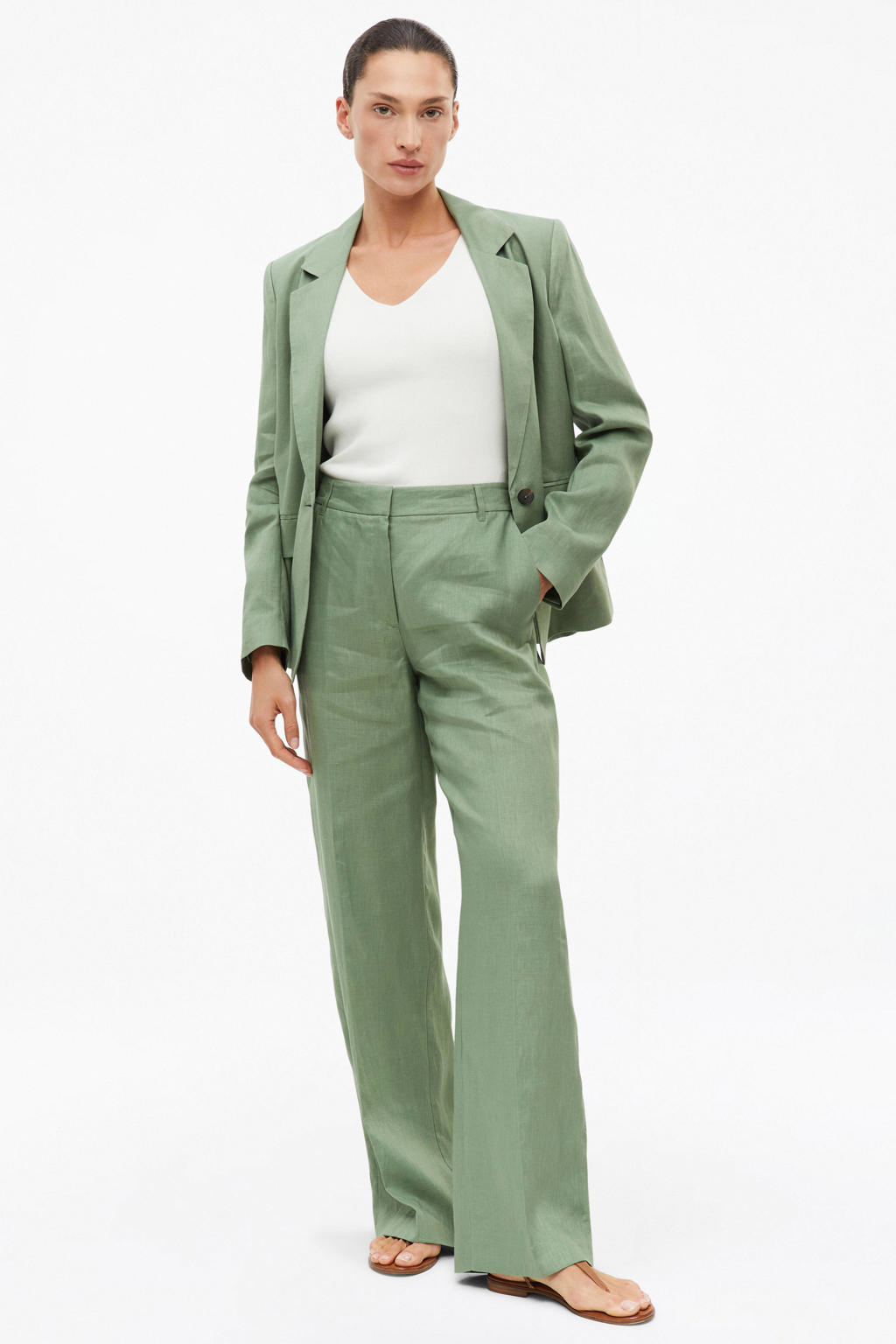 Groene dames s.Oliver BLACK LABEL straight high waist broek van linnen met rits- en knoopsluiting en effen