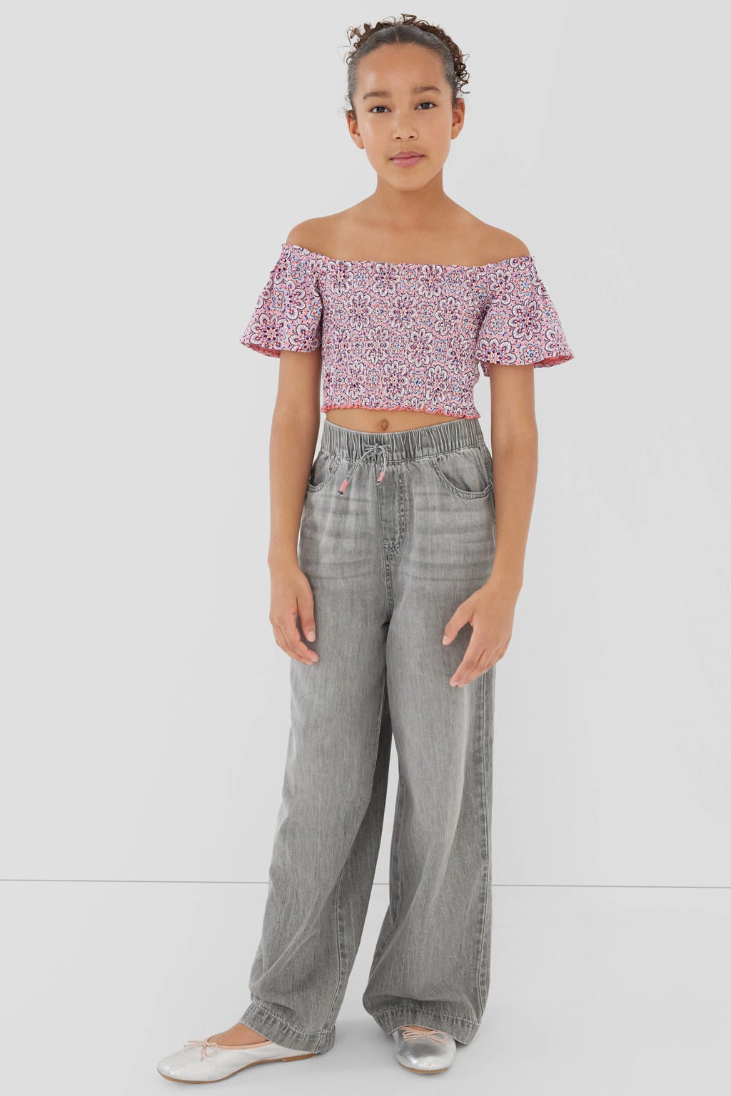 Grey denim meisjes s.Oliver high waist wide leg jeans van denim met loose fit en effen