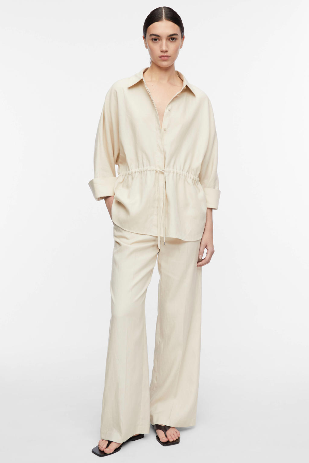 Beige dames comma straight high waist broek van lyocell met elastische inzet en effen