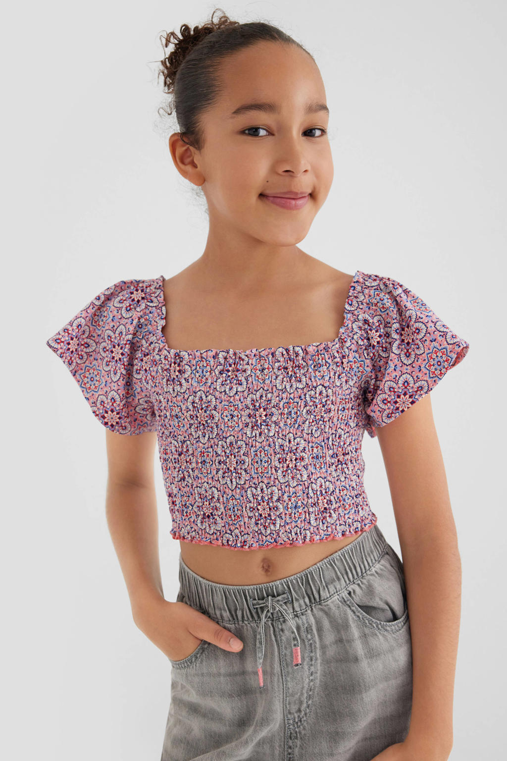 Roze meisjes s.Oliver cropped top met korte mouwen, vierkante hals en elastische boord