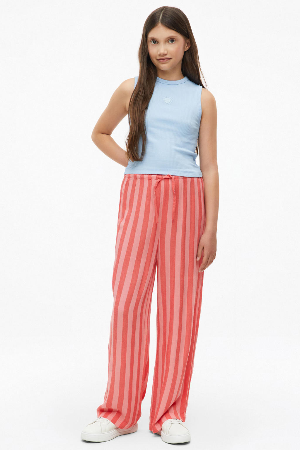 Roze en rode meisjes s.Oliver high waist gestreepte casual broek van viscose met elastische tailleband met koord