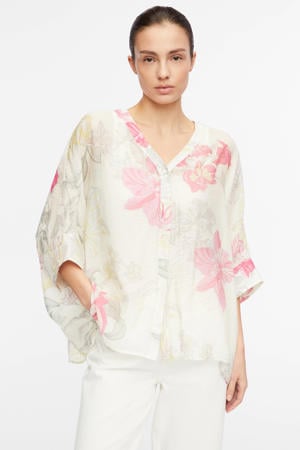 gebloemde kimonoblouse ecru/roze