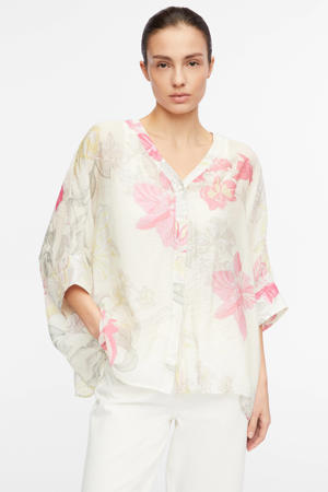 gebloemde kimonoblouse ecru/roze