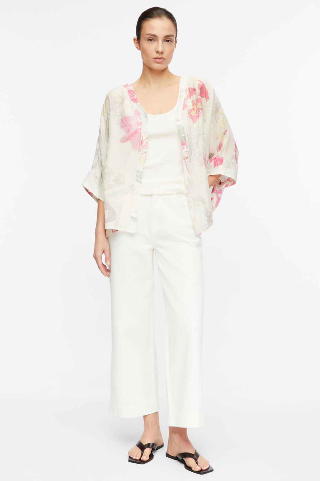 Ecru dames comma gebloemde kimonoblouse van viscose met half lange mouwen, V-hals en knoopsluiting