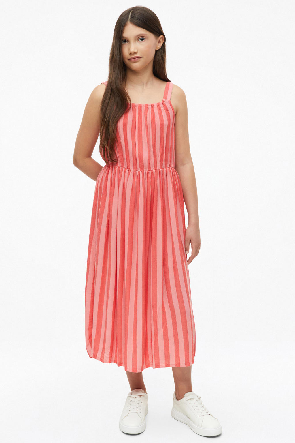 Roze meisjes s.Oliver gestreepte maxi jurk van viscose met vierkante hals en elastische boord