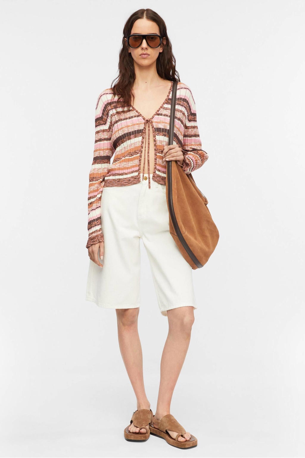 Bruine dames comma fijn gebreide top van viscose met strepenprint, lange mouwen, V-hals en strikje