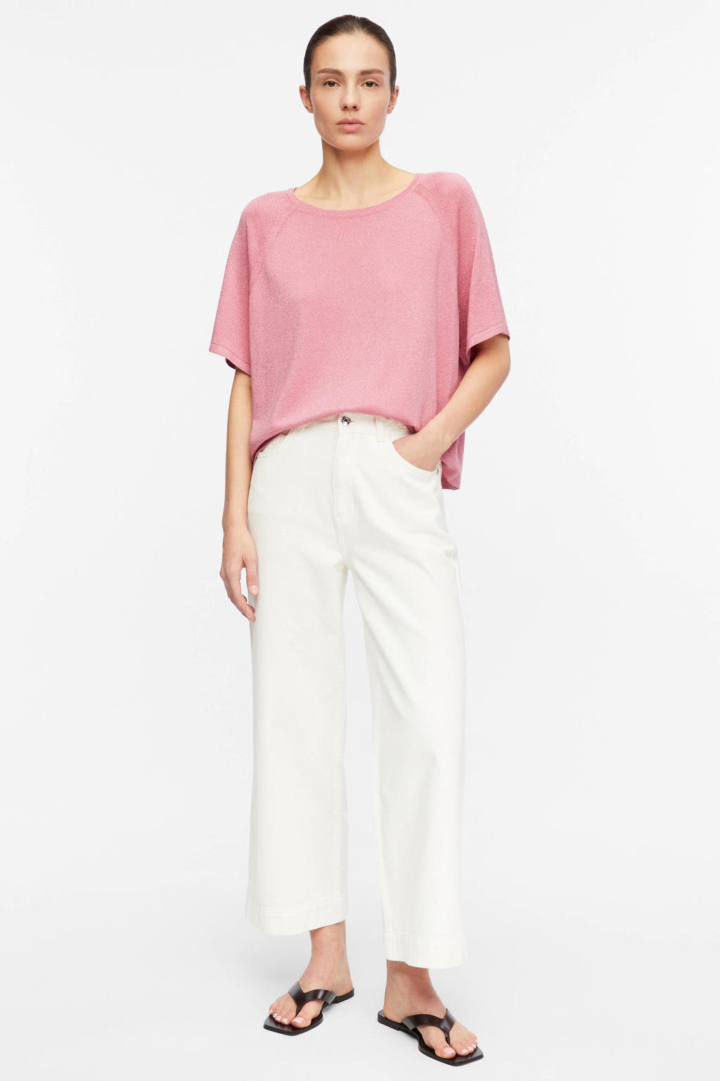 Roze dames comma fijn gebreide top van viscose met effen, korte mouwen en ronde hals