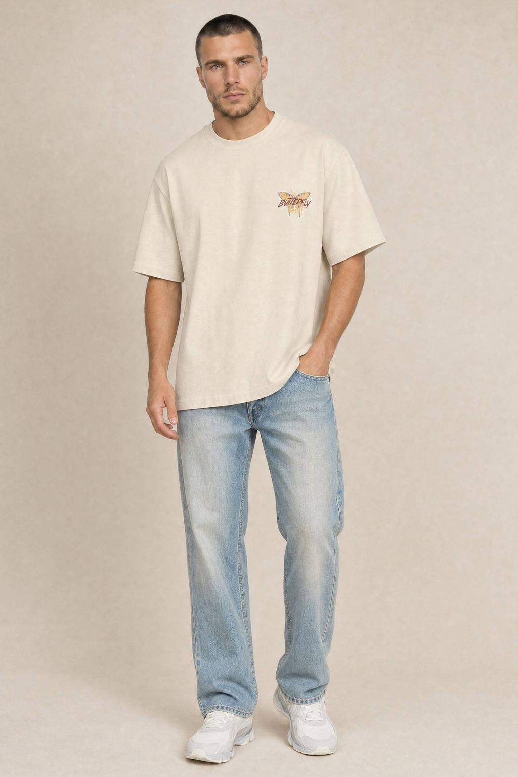 Beige heren Kultivate oversized T-shirt met backprint, korte mouwen en ronde hals