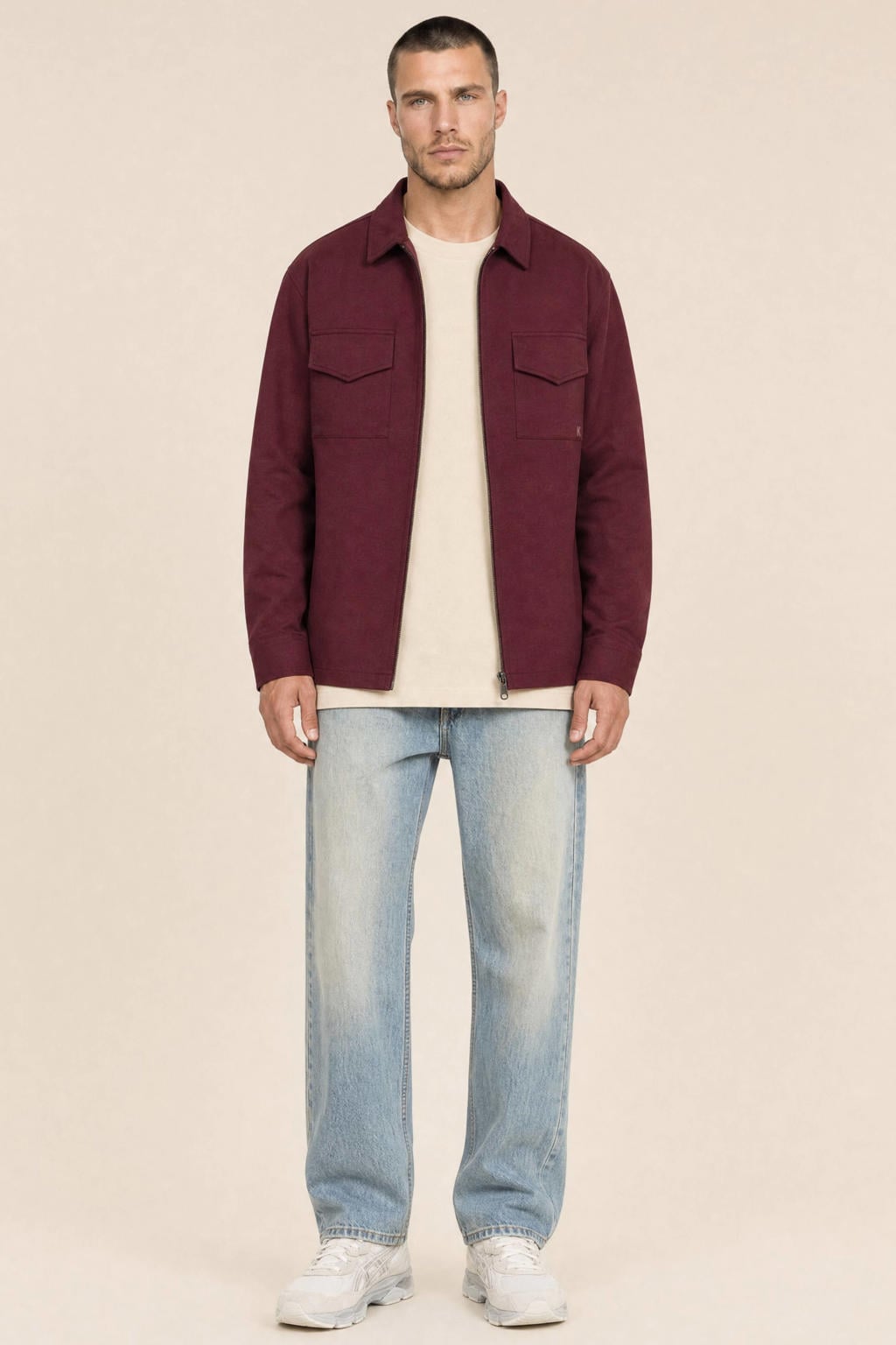 Donkerrode heren Kultivate regular fit overshirt met effen, lange mouwen en klassieke kraag
