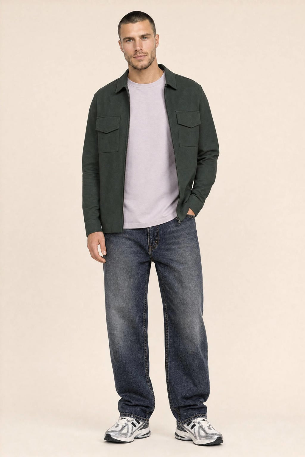 Groene heren Kultivate overshirt met effen, lange mouwen, klassieke kraag en ritssluiting