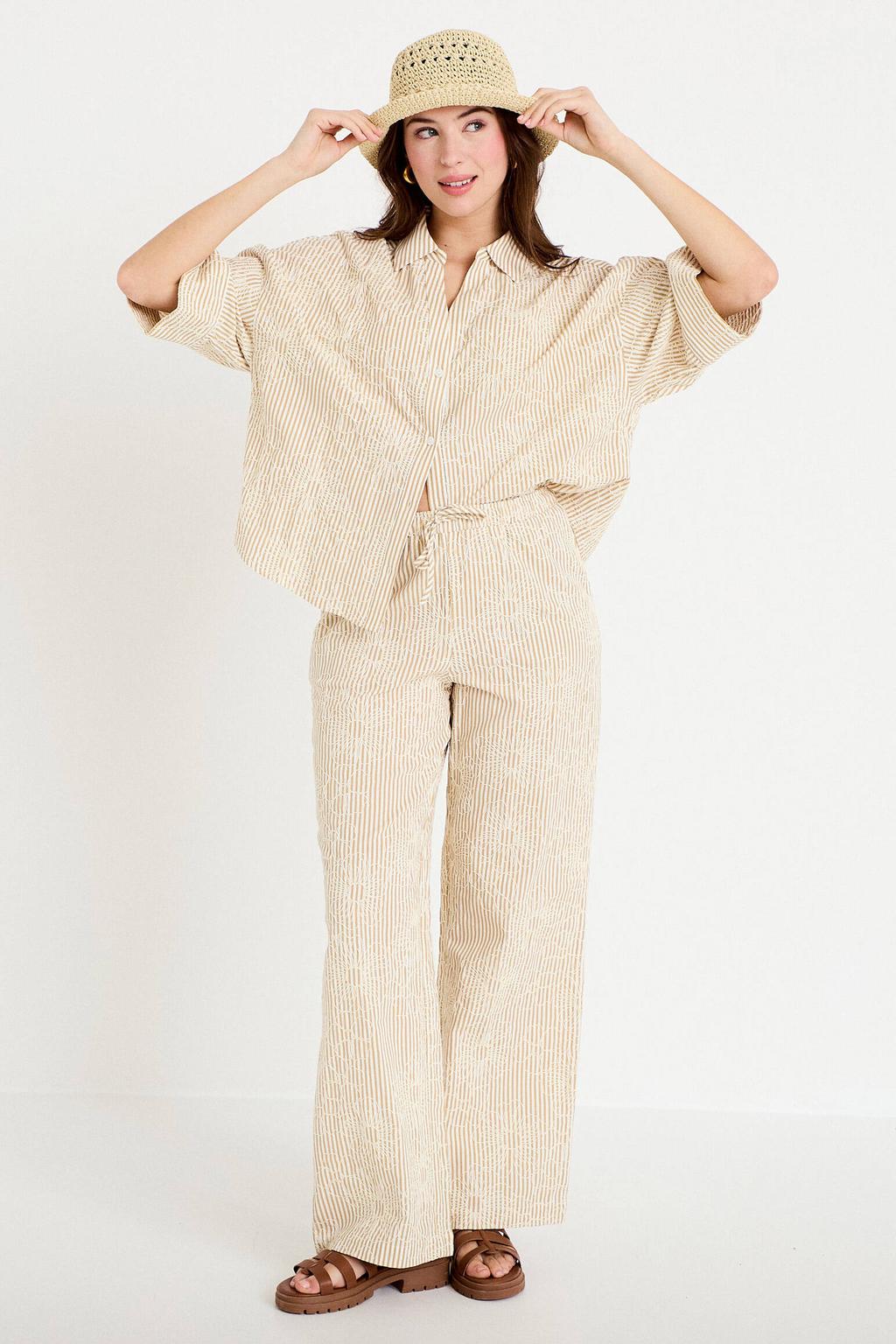 Beige en witte dames Cache Cache blouse van katoen met lange mouwen, klassieke kraag, knoopsluiting en borduursels