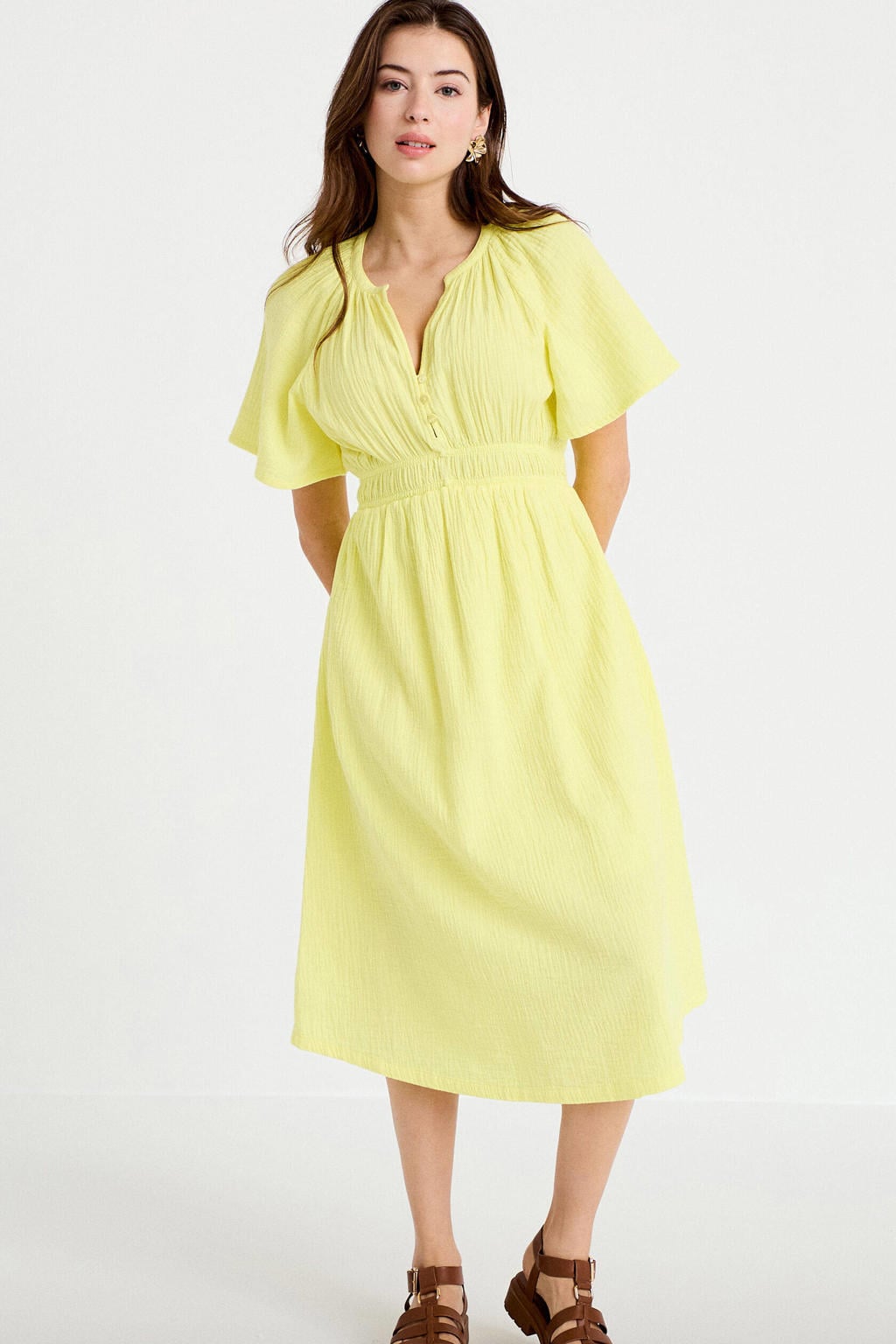 Gele dames Cache Cache zomerjurk van katoen met effen, half lange mouwen, V-hals, knoopsluiting en crinkle cotton