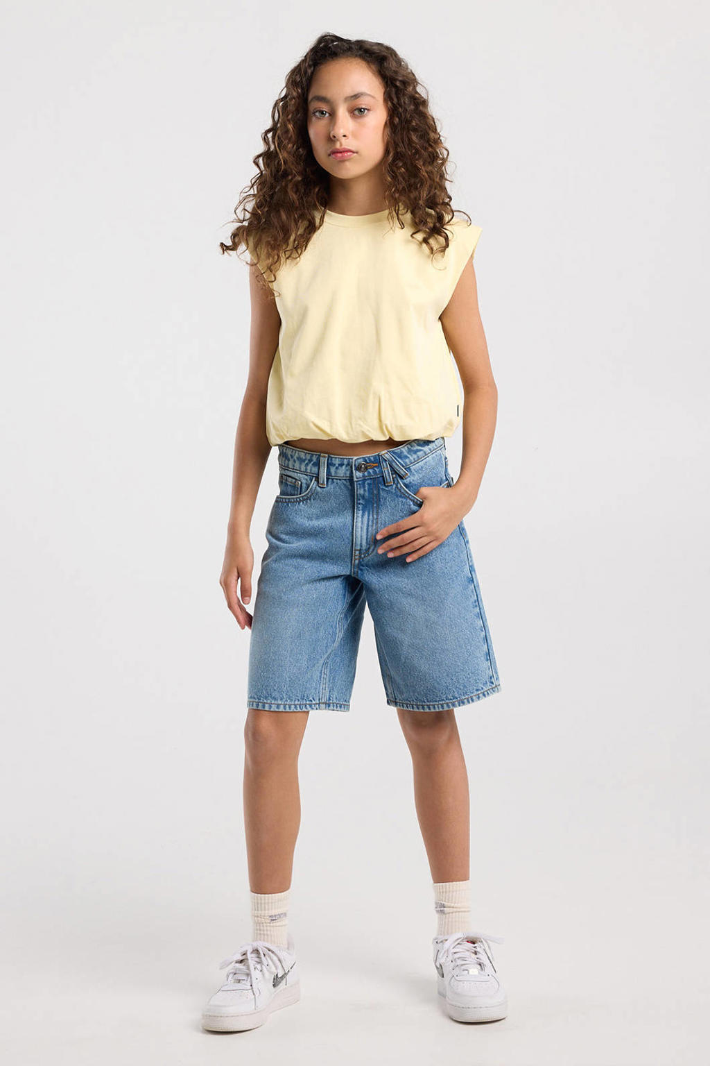 Lichtgele meisjes America Today mouwloze top met effen, ronde hals en elastische boord