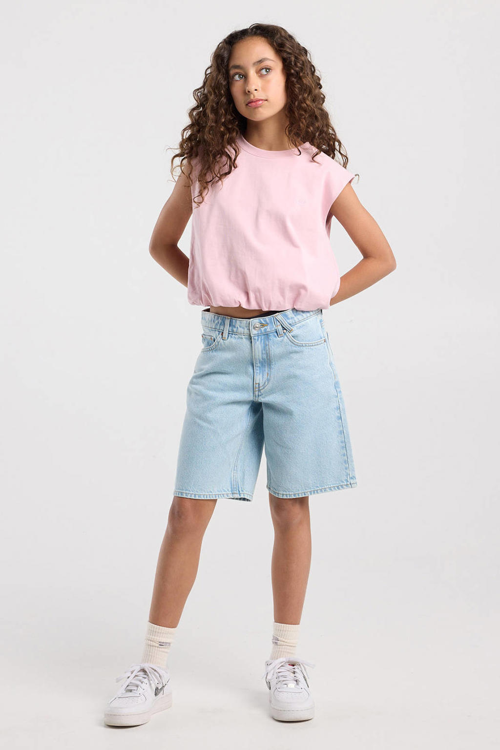 Lichtroze meisjes America Today mouwloze top met effen, ronde hals en elastische boord