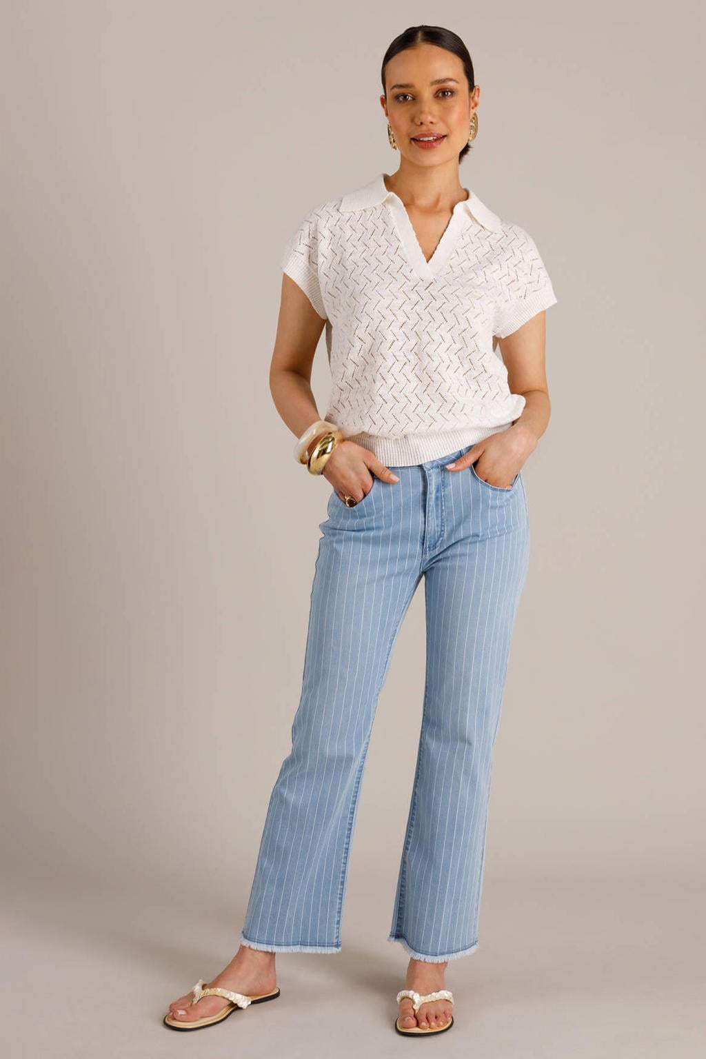 Light blue denim dames Yest high waist gestreepte bootcut jeans van denim met rits- en knoopsluiting