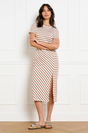 gestreepte midi jurk bruin