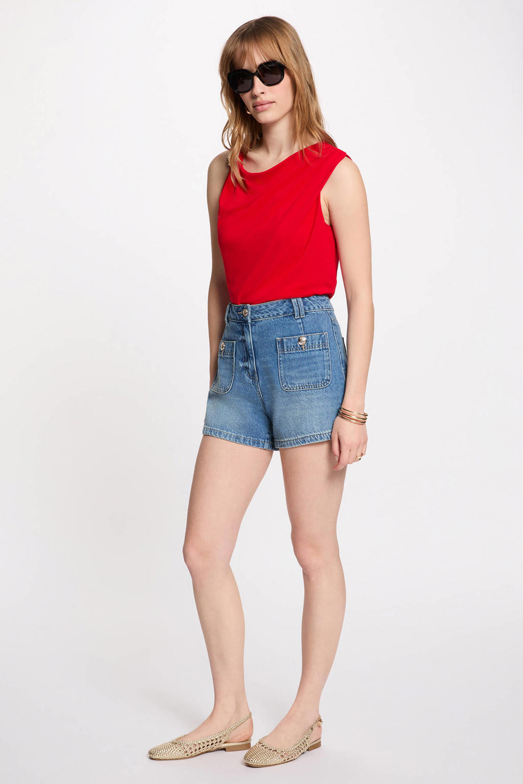 Rode dames Morgan top van polyester met effen, boothals en 3D applicatie