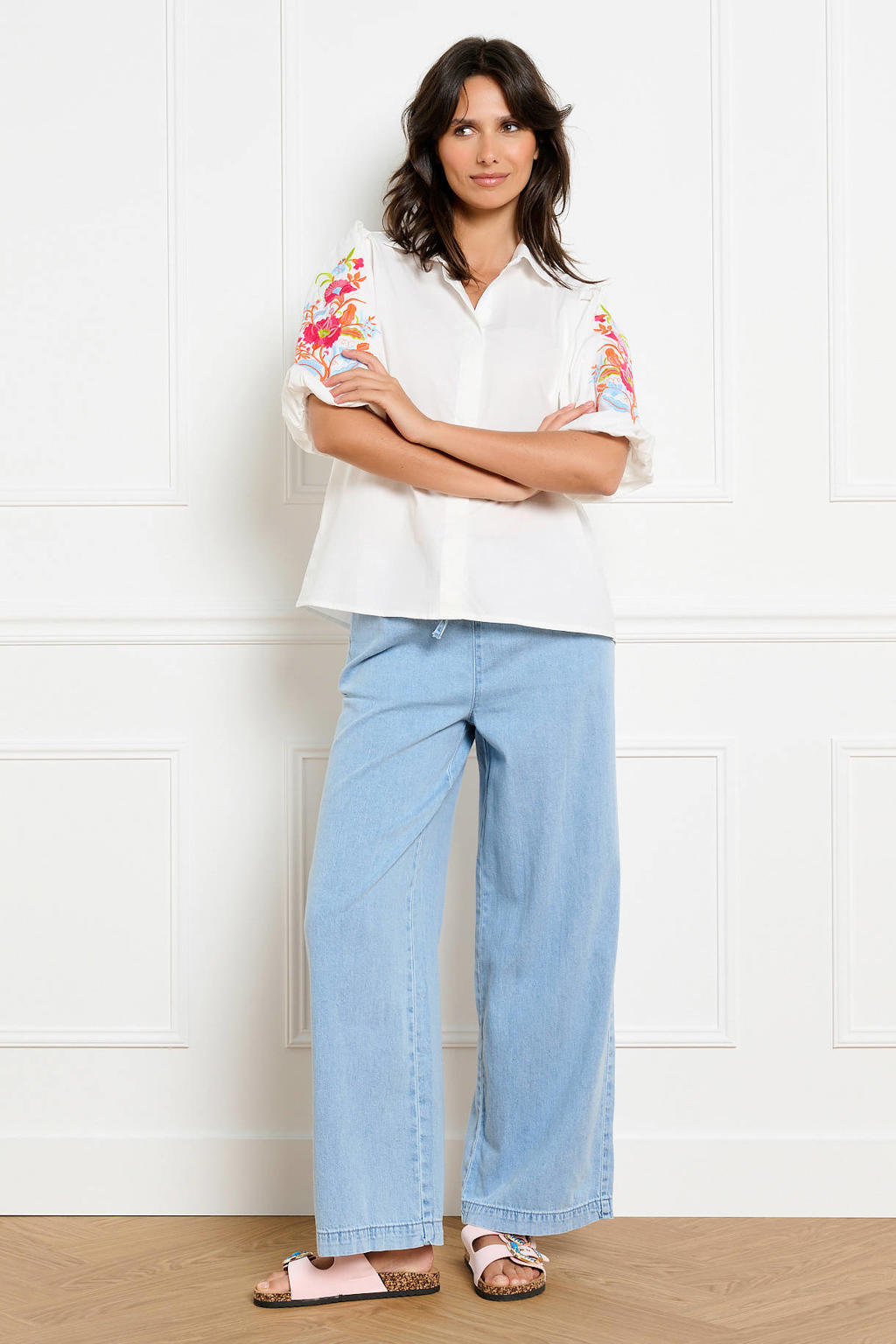 Ecru en multikleurige dames LOLALIZA blouse van katoen met effen, half lange mouwen, klassieke kraag, knoopsluiting en borduursels