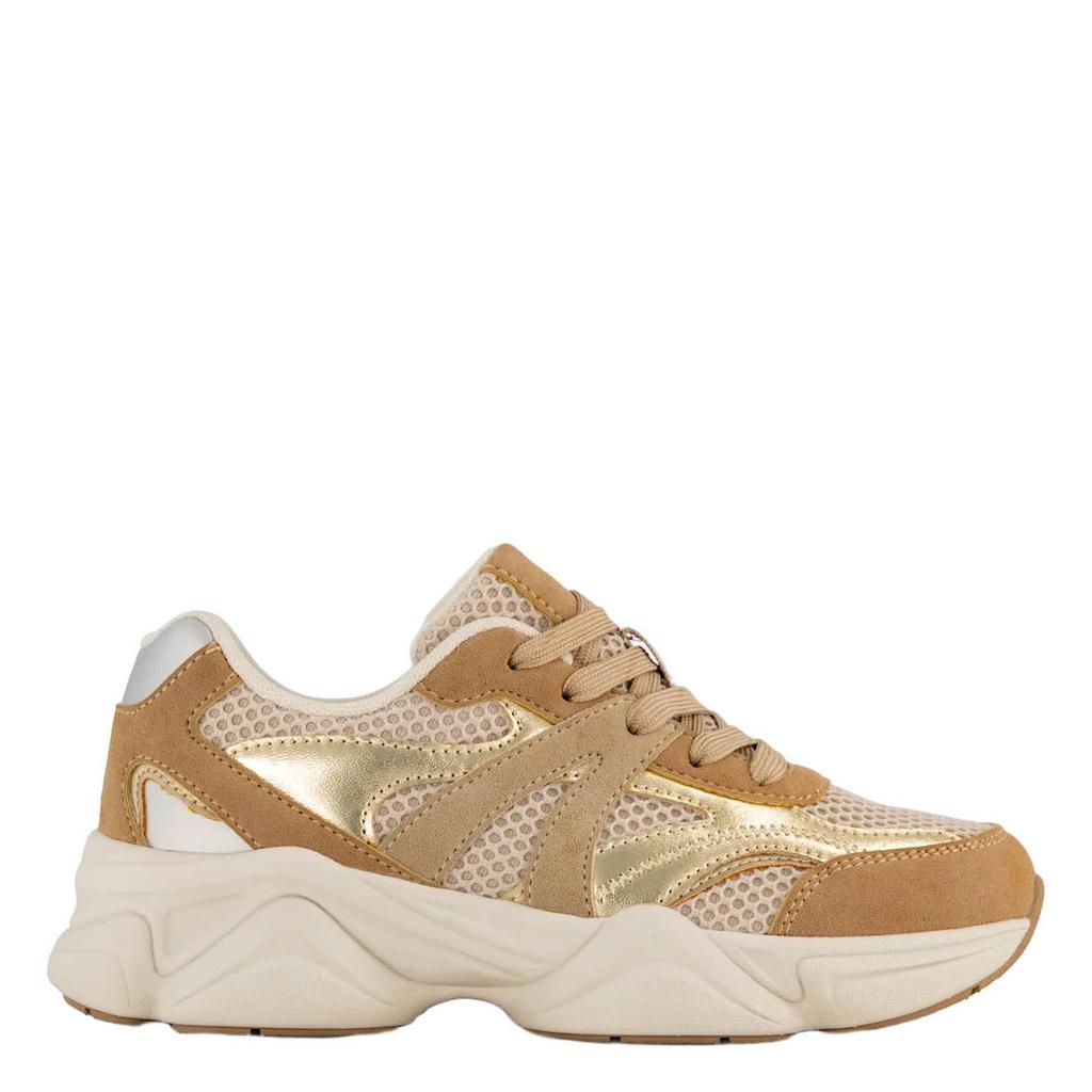 Beige, goud en camelkleurige meisjes Graceland chunky imitatieleren sneakers - van rubber/textiel met veters