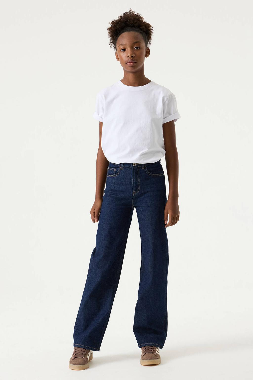 Dark blue denim meisjes Garcia Ilvy straight leg jeans van denim met rits- en knoopsluiting en effen