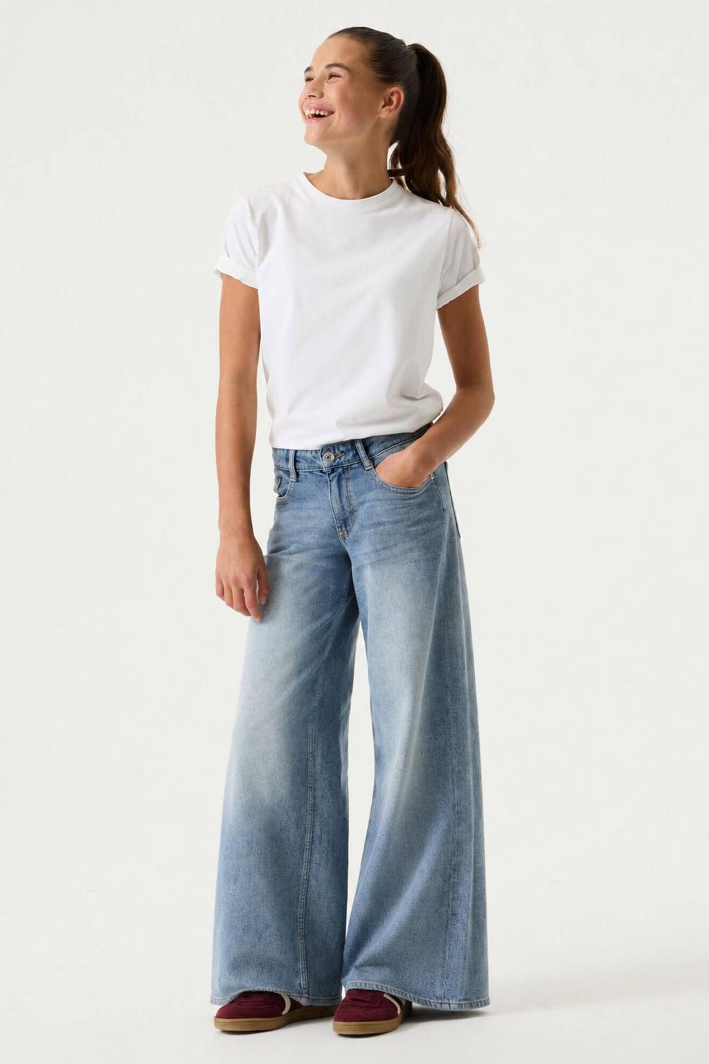 Light blue denim meisjes Garcia Marall wide leg jeans van denim met rits- en knoopsluiting en effen