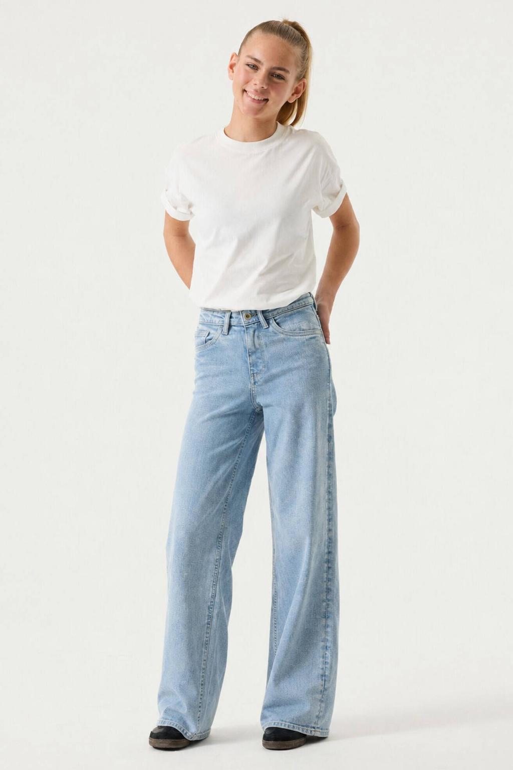Light blue denim meisjes Garcia Annemay wide leg jeans van denim met high waist, rits- en knoopsluiting en effen